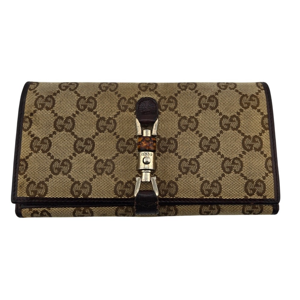 Gucci GG Monogram Jackie Bamboo Piston Clasp Long Wallet Brown Canvas 208566